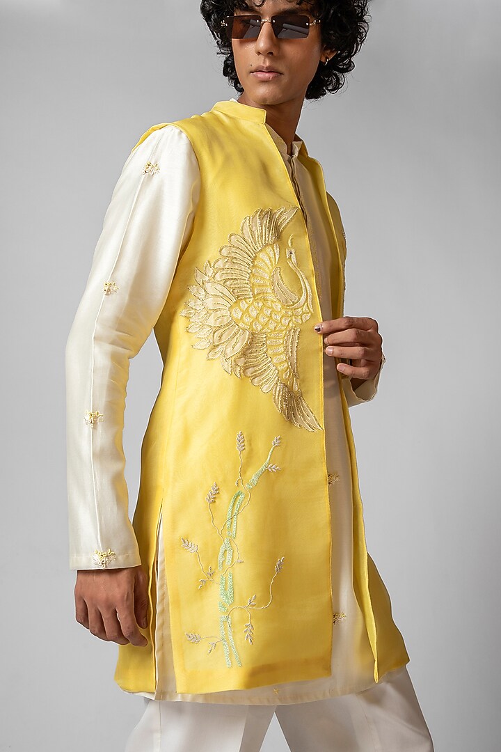 Paris Daisy Yellow Organza Applique Embroidered Nehru Jacket Set by PAARSH at Pernia's Pop Up Shop