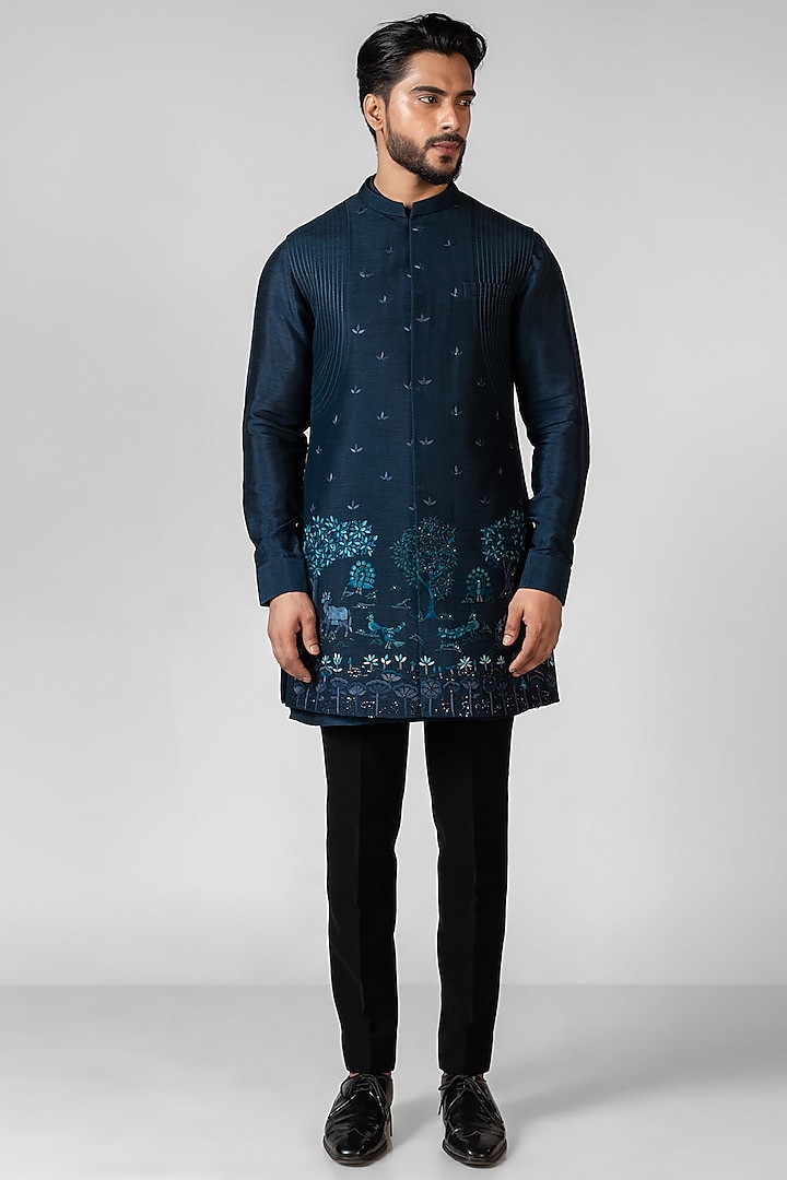 Teal Blue Organza Cutdana Embroidered Nehru Jacket Set by PAARSH at Pernia's Pop Up Shop