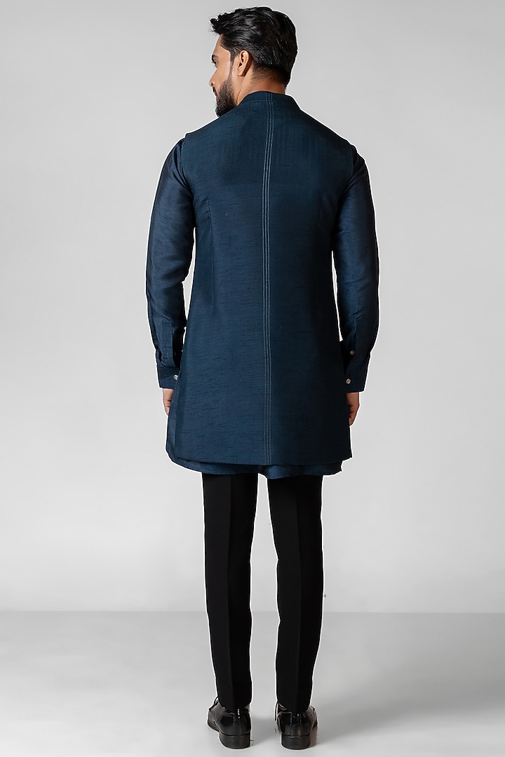 Teal Blue Organza Cutdana Embroidered Nehru Jacket Set by PAARSH at Pernia's Pop Up Shop