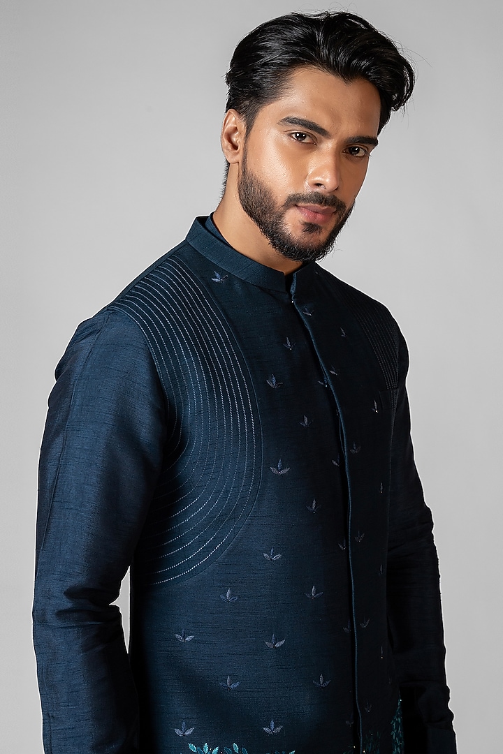 Teal Blue Organza Cutdana Embroidered Nehru Jacket Set by PAARSH at Pernia's Pop Up Shop