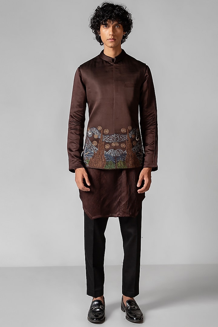 Coco Brown Linen Satin Resham Embroidered Nehru Jacket Set by PAARSH