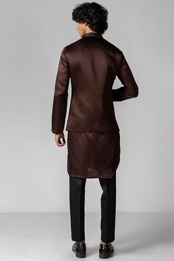 Coco Brown Linen Satin Resham Embroidered Nehru Jacket Set by PAARSH at Pernia's Pop Up Shop