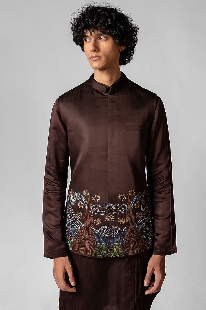 Coco Brown Linen Satin Resham Embroidered Nehru Jacket Set by PAARSH at Pernia's Pop Up Shop