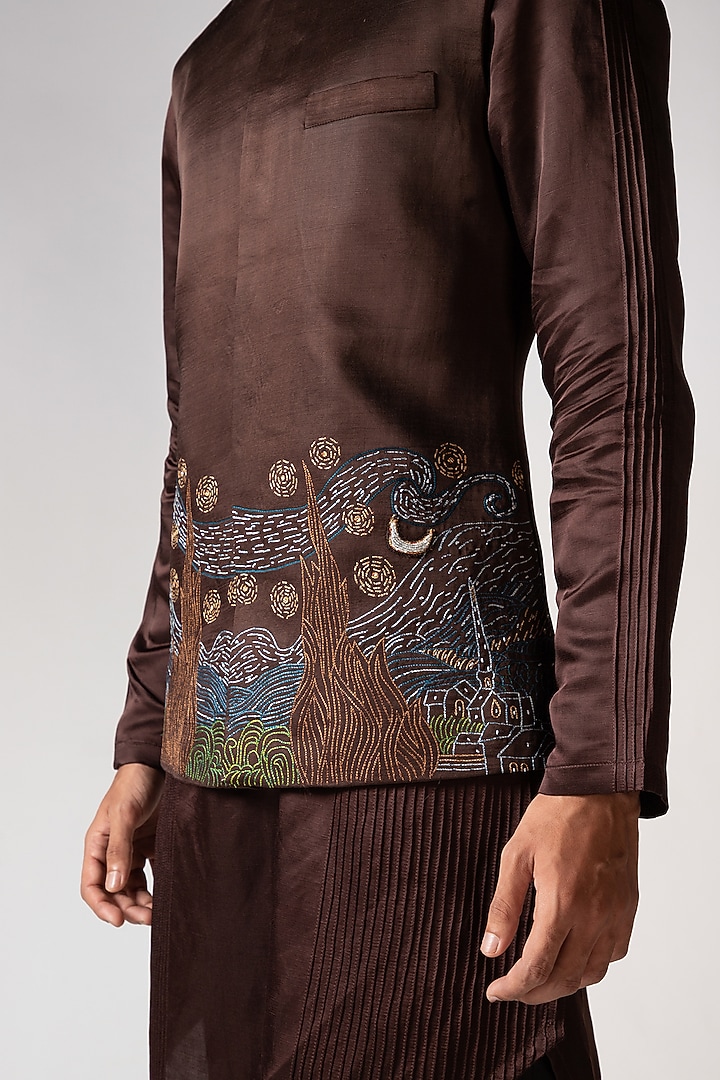Coco Brown Linen Satin Resham Embroidered Nehru Jacket Set by PAARSH at Pernia's Pop Up Shop