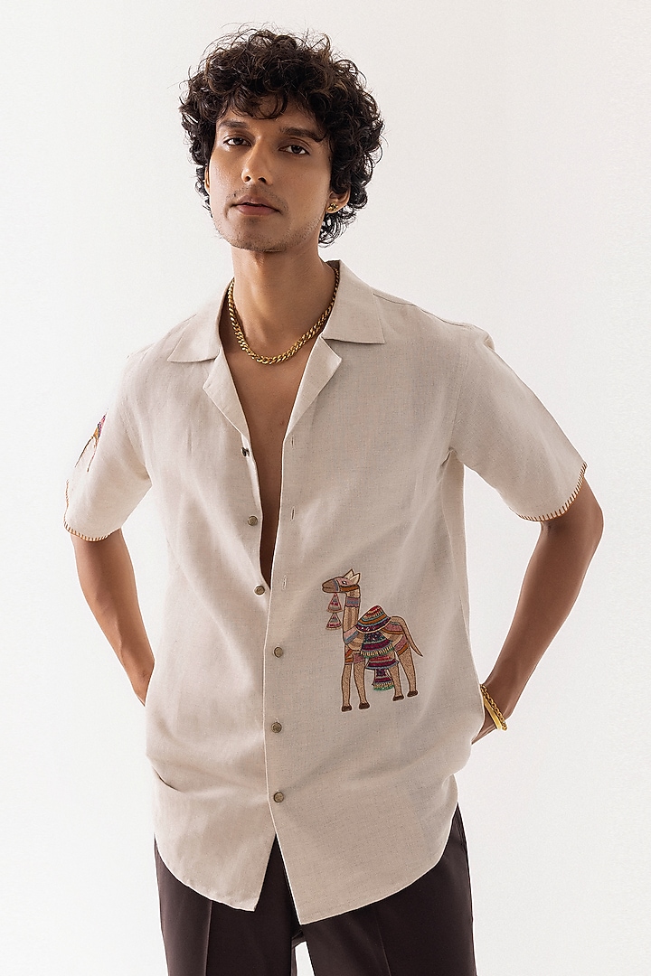 Beige Pure Linen Embroidered Party Wear Shirt by PAARSH at Pernia's Pop Up Shop