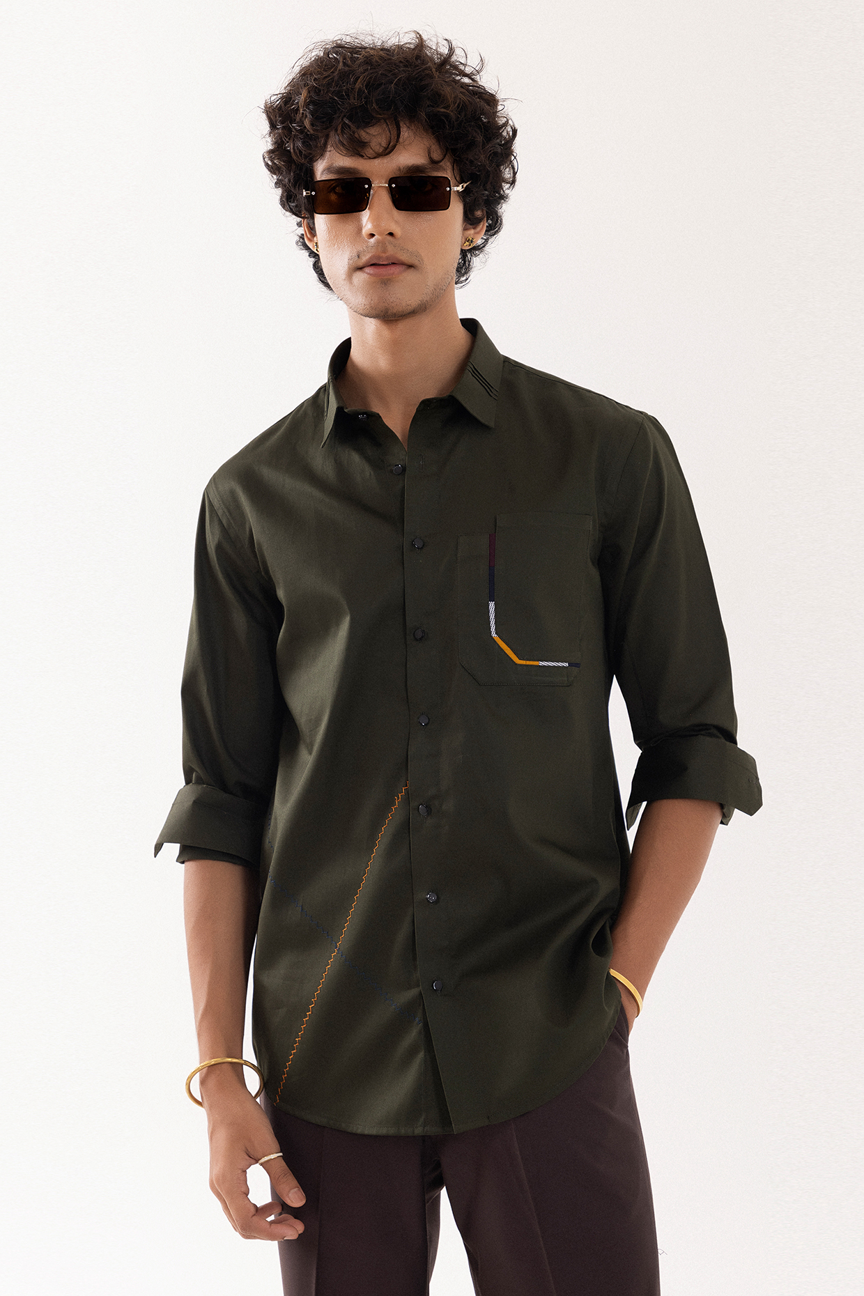 Olive Green Giza Cotton Printed & Embroidered Shirt by PAARSH