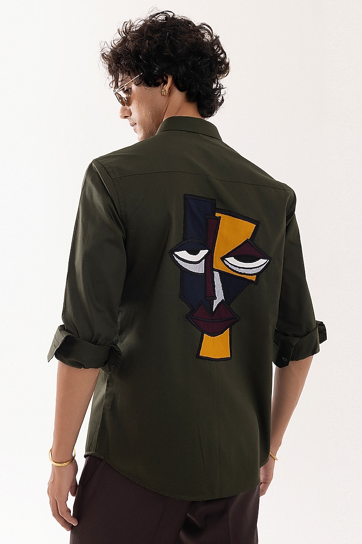 Olive Green Giza Cotton Printed & Embroidered Party Wear Shirt by PAARSH at Pernia's Pop Up Shop