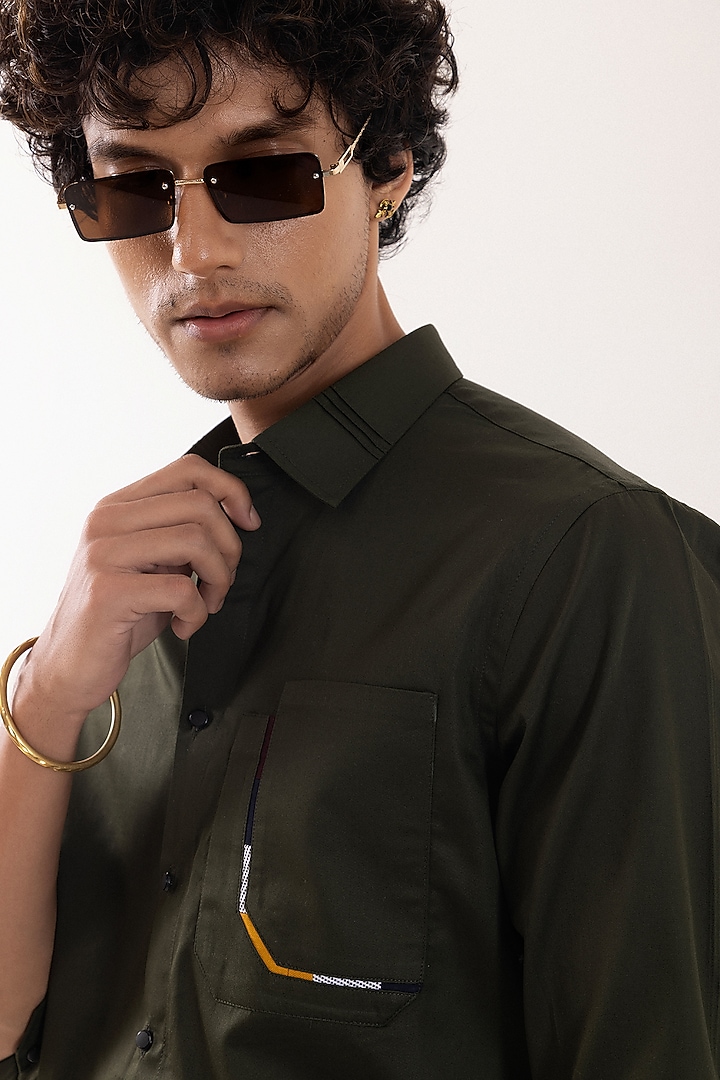 Olive Green Giza Cotton Printed & Embroidered Party Wear Shirt by PAARSH at Pernia's Pop Up Shop