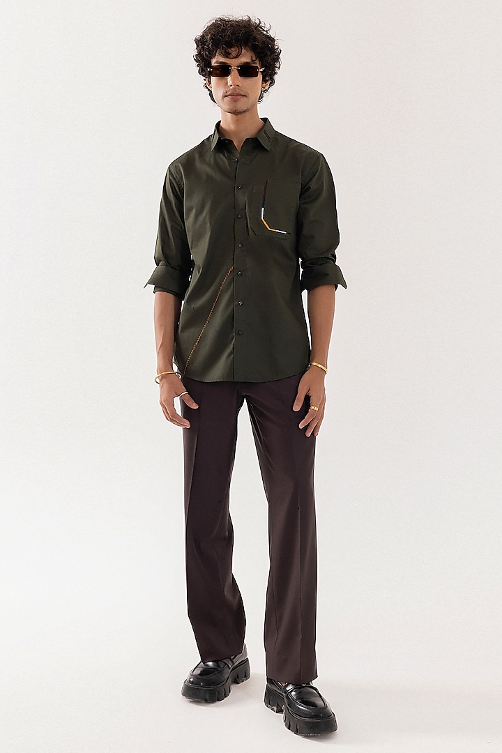 Olive Green Giza Cotton Printed & Embroidered Party Wear Shirt by PAARSH at Pernia's Pop Up Shop