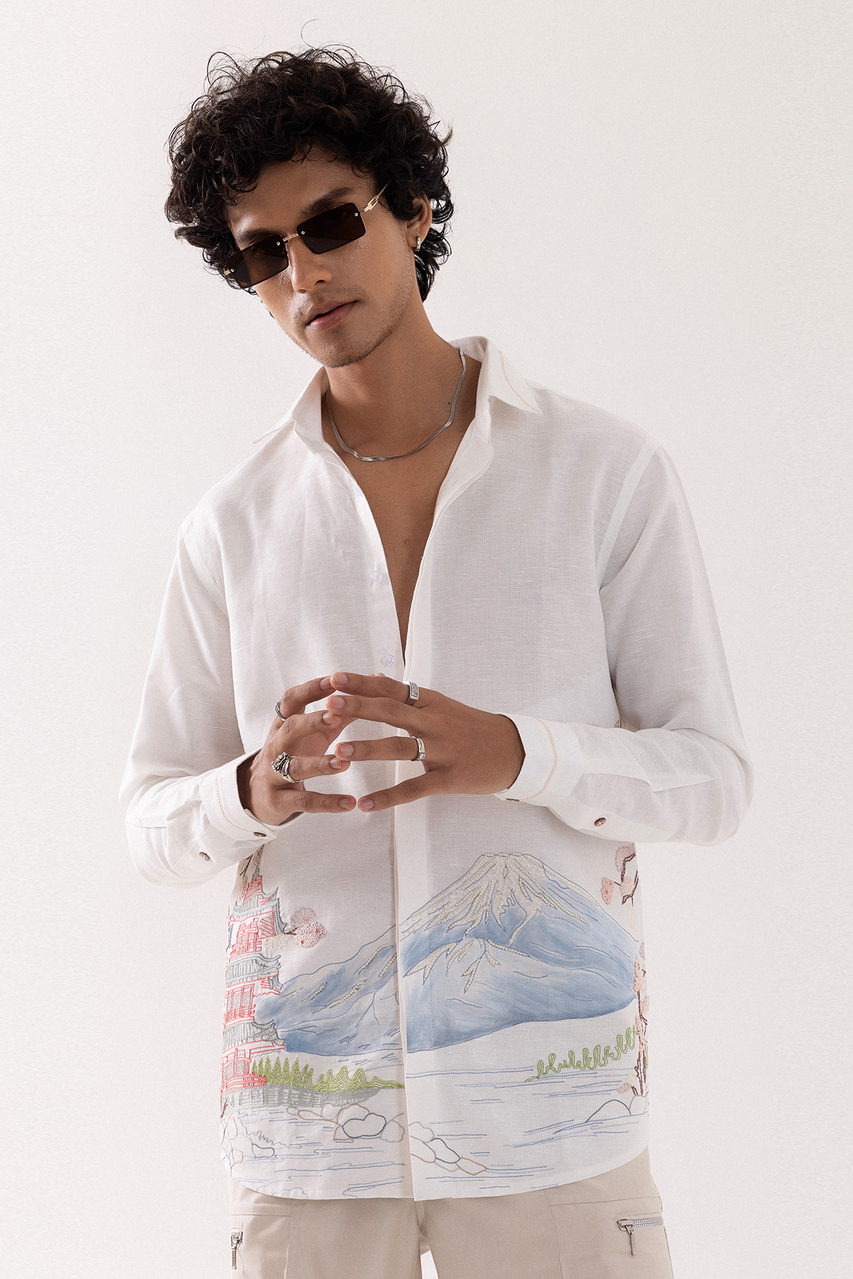 Ivory Pure Linen Handpainted & Embroidered Shirt by PAARSH