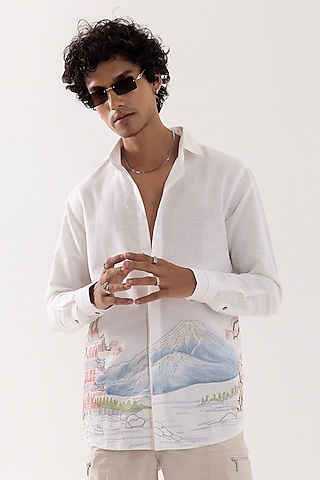 Ivory Pure Linen Handpainted & Embroidered Shirt by PAARSH