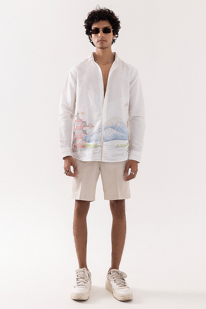 Ivory Pure Linen Handpainted & Embroidered Party Wear Shirt by PAARSH at Pernia's Pop Up Shop