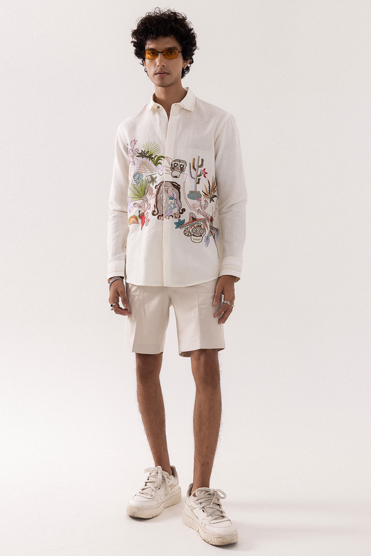 Off-White Linen Motif Embroidered Shirt by PAARSH