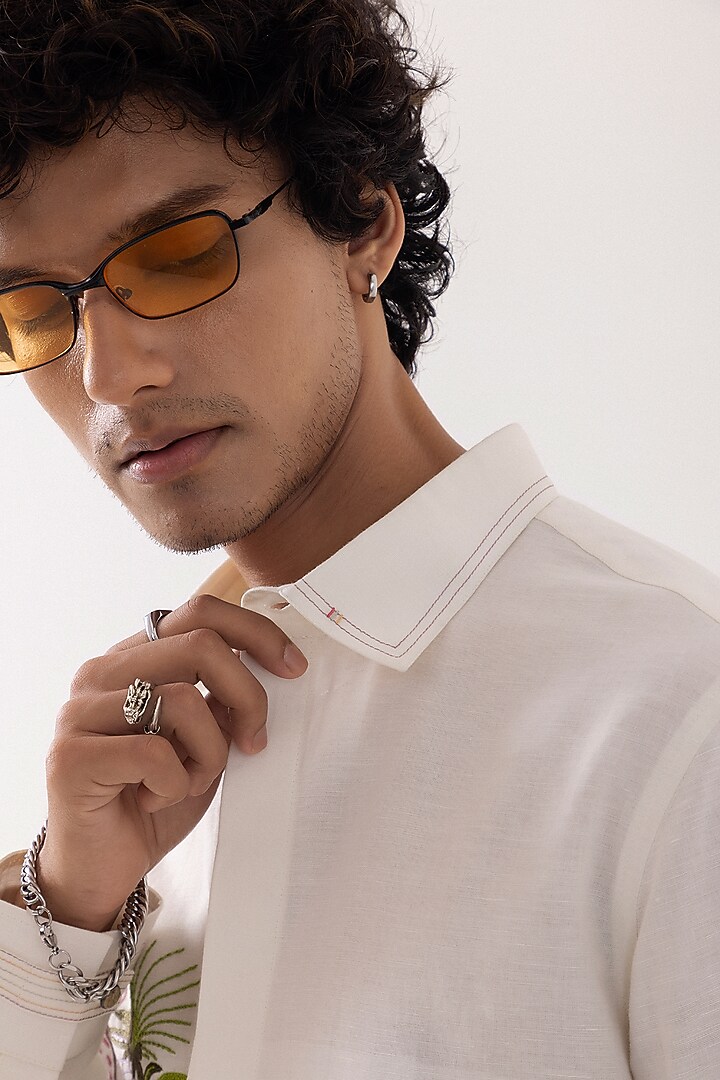 Off-White Linen Motif Embroidered Party Wear Shirt by PAARSH at Pernia's Pop Up Shop