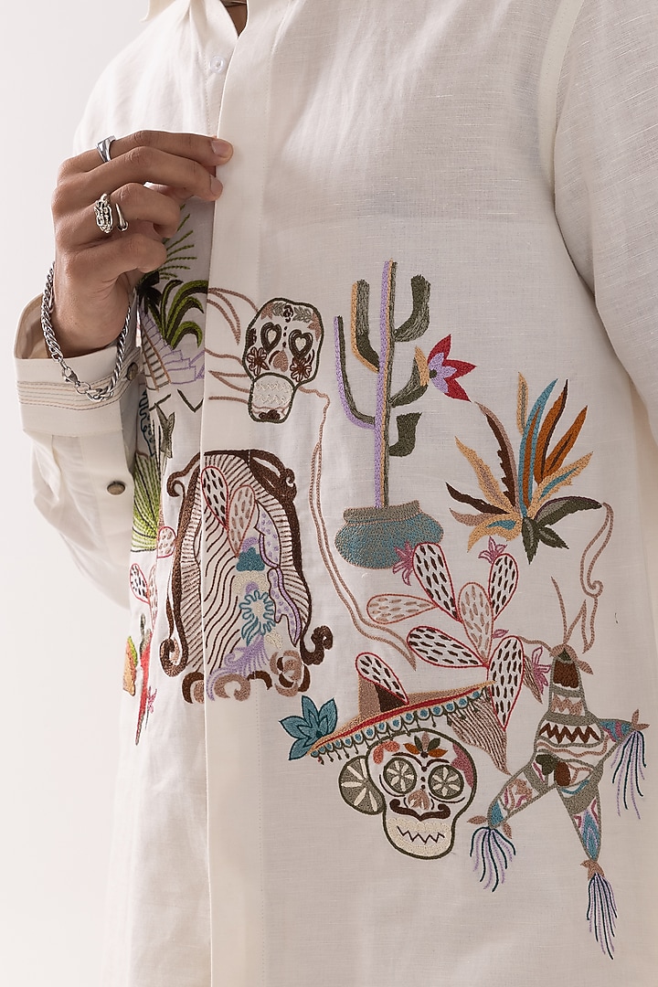 Off-White Linen Motif Embroidered Party Wear Shirt by PAARSH at Pernia's Pop Up Shop