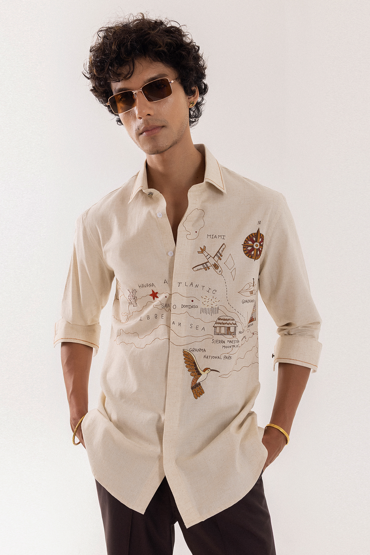 Beige Linen Hand Embroidered Shirt by PAARSH