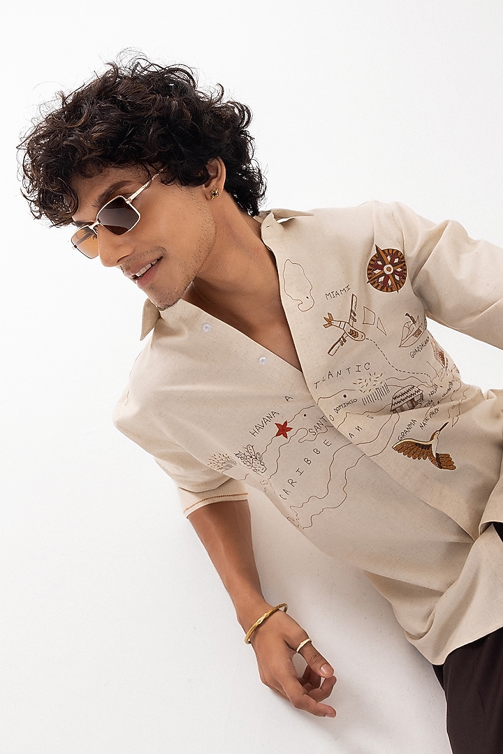 Beige Linen Hand Embroidered Party Wear Shirt by PAARSH at Pernia's Pop Up Shop