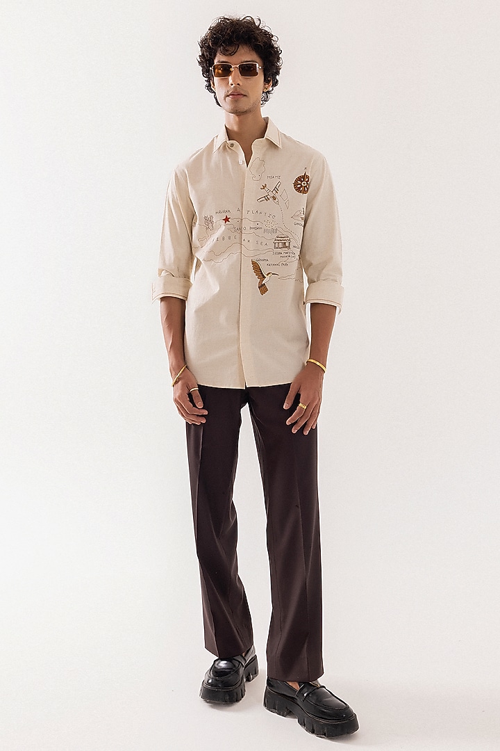 Beige Linen Hand Embroidered Party Wear Shirt by PAARSH at Pernia's Pop Up Shop