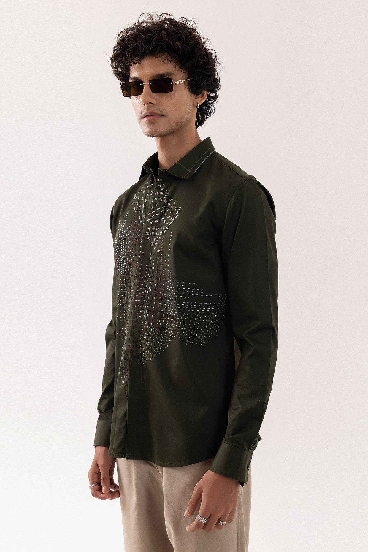 Olive Giza Cotton Embroidered Shirt by PAARSH
