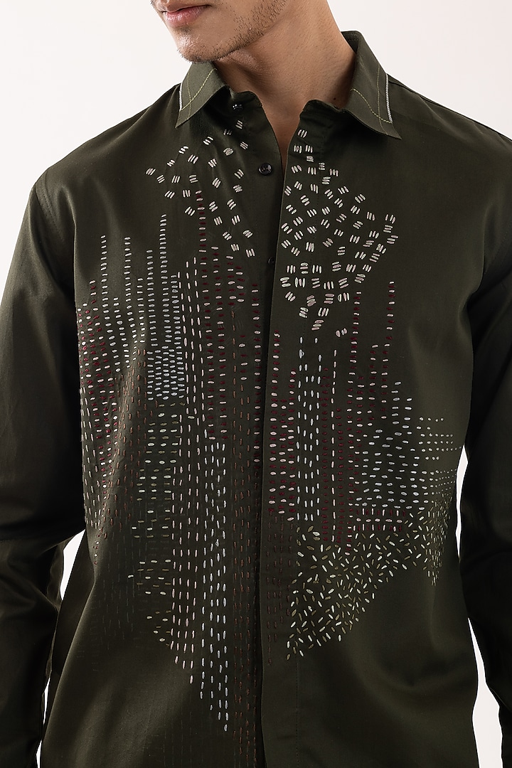 Olive Giza Cotton Embroidered Party Wear Shirt by PAARSH at Pernia's Pop Up Shop