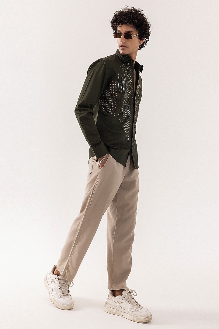 Olive Giza Cotton Embroidered Party Wear Shirt by PAARSH at Pernia's Pop Up Shop