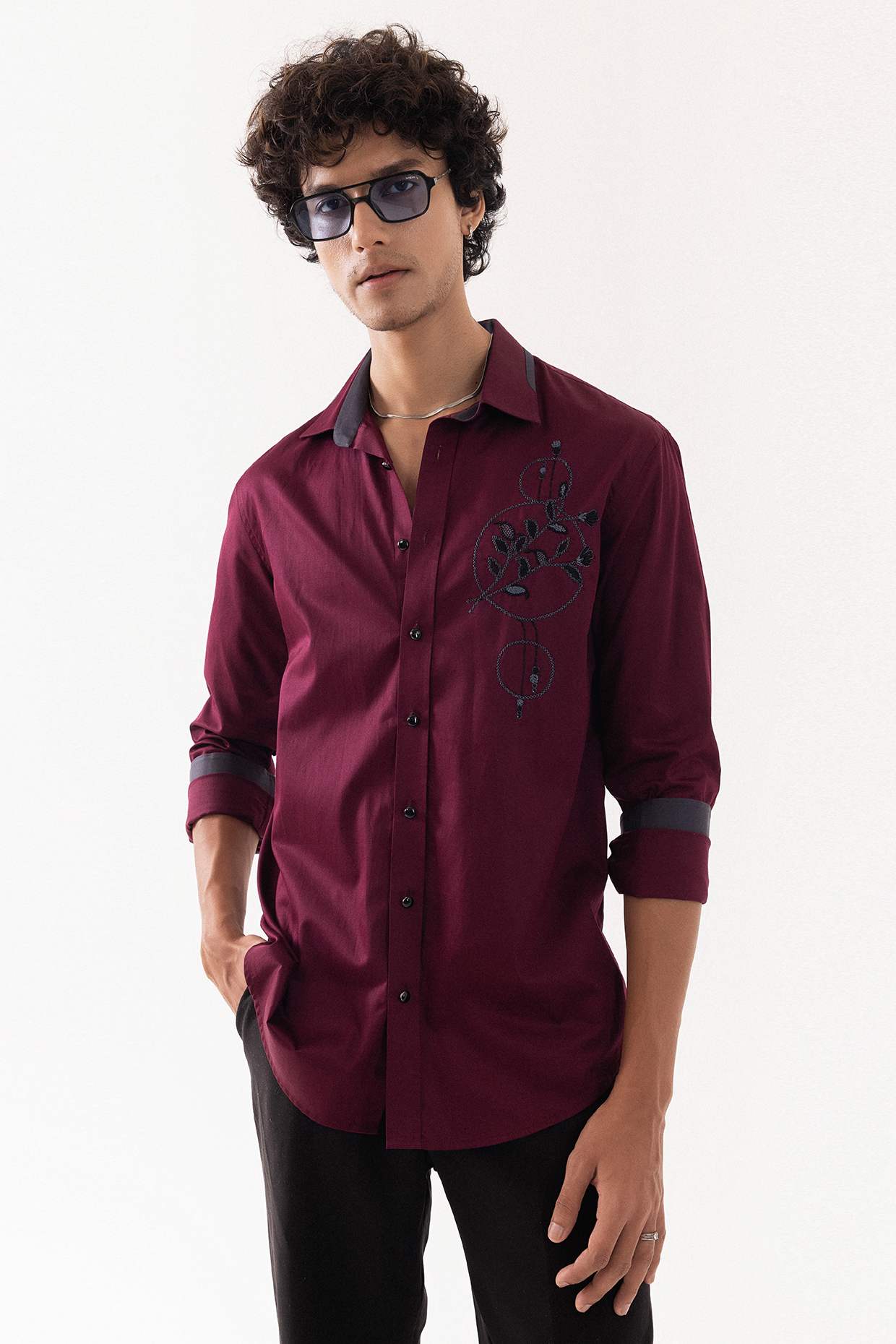 Red Wine Giza Cotton Hand Embroidered Shirt by PAARSH
