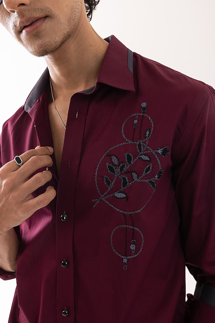 Red Wine Giza Cotton Hand Embroidered Party Wear Shirt by PAARSH at Pernia's Pop Up Shop