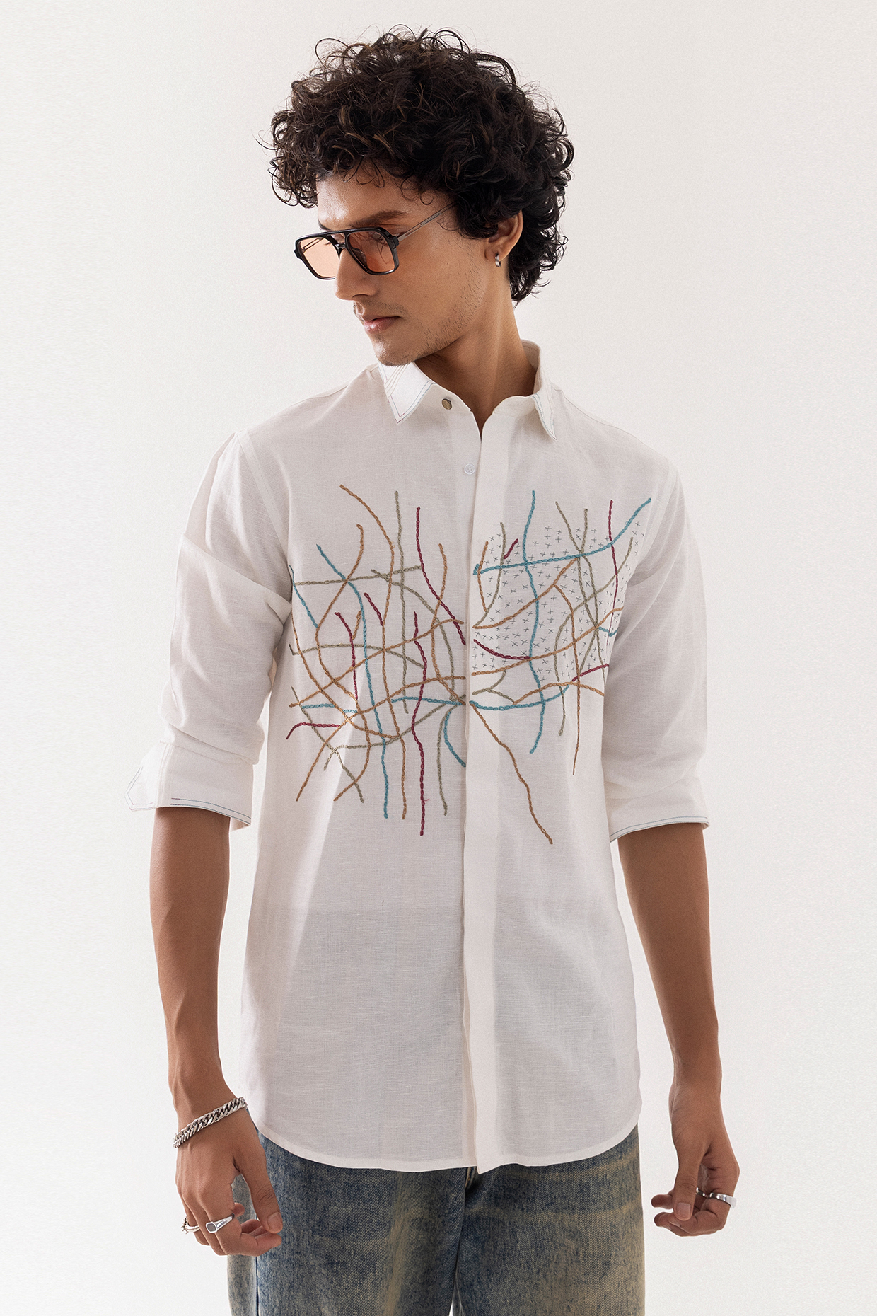 Ivory Linen Threadwork Shirt by PAARSH