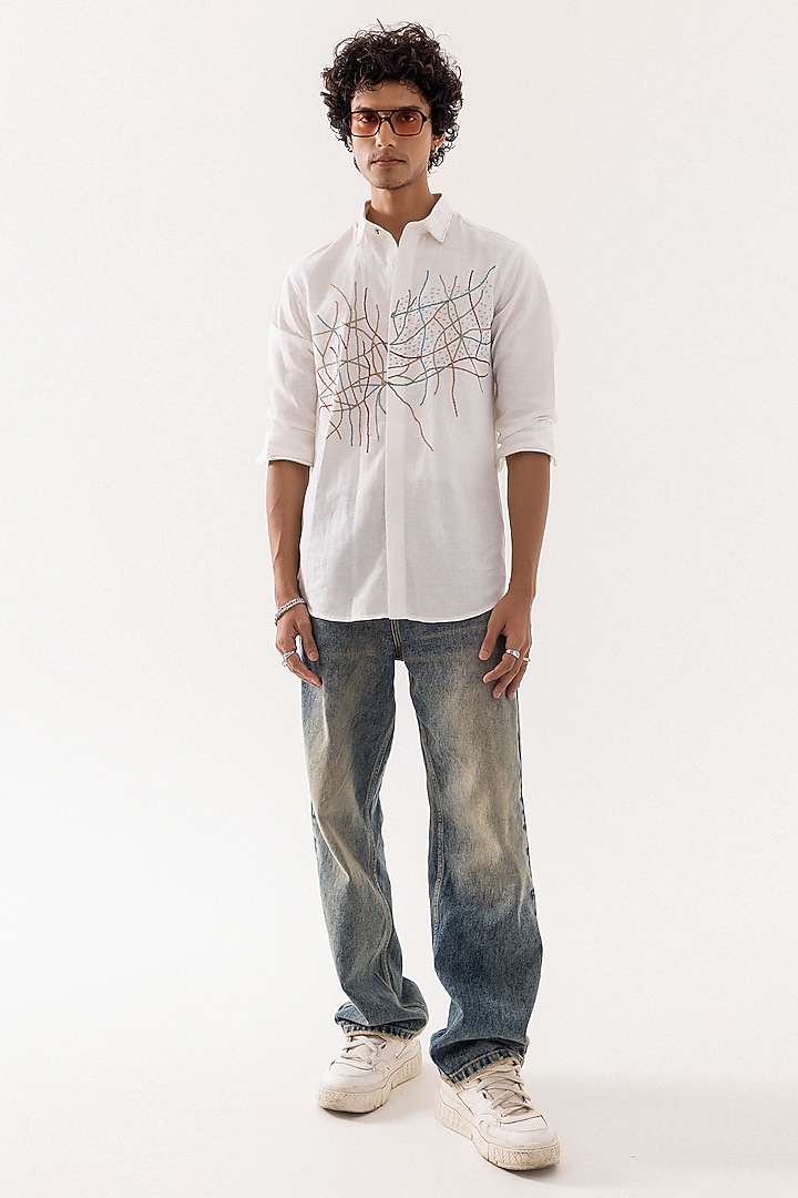 Ivory Linen Threadwork Party Wear Shirt by PAARSH at Pernia's Pop Up Shop