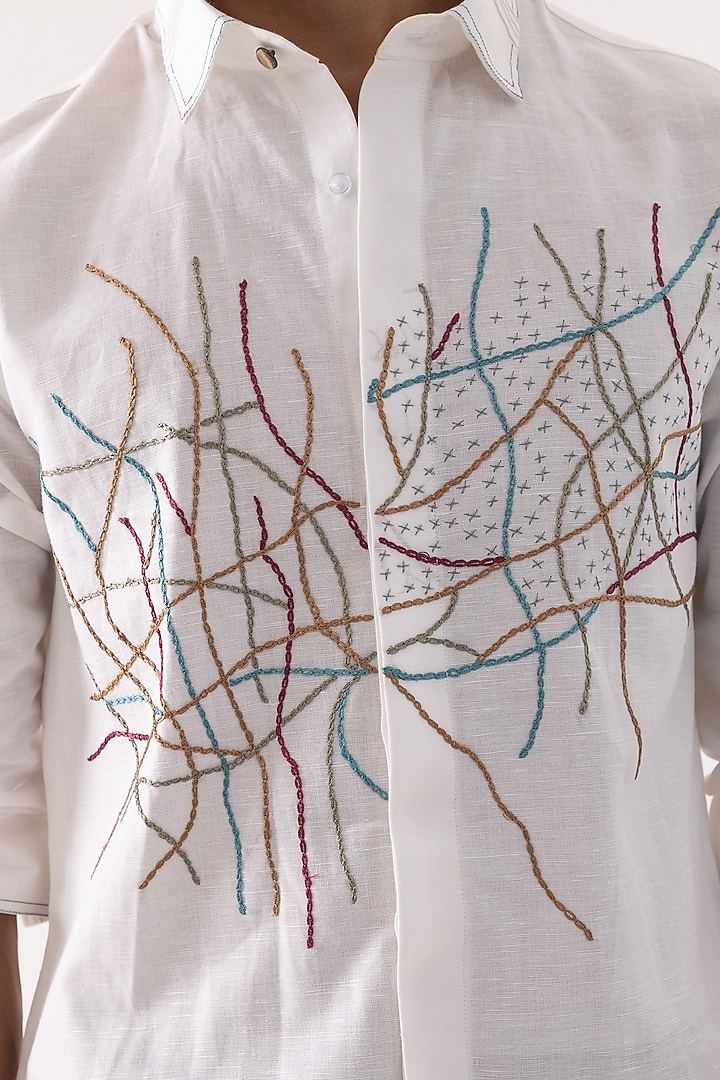 Ivory Linen Threadwork Party Wear Shirt by PAARSH at Pernia's Pop Up Shop