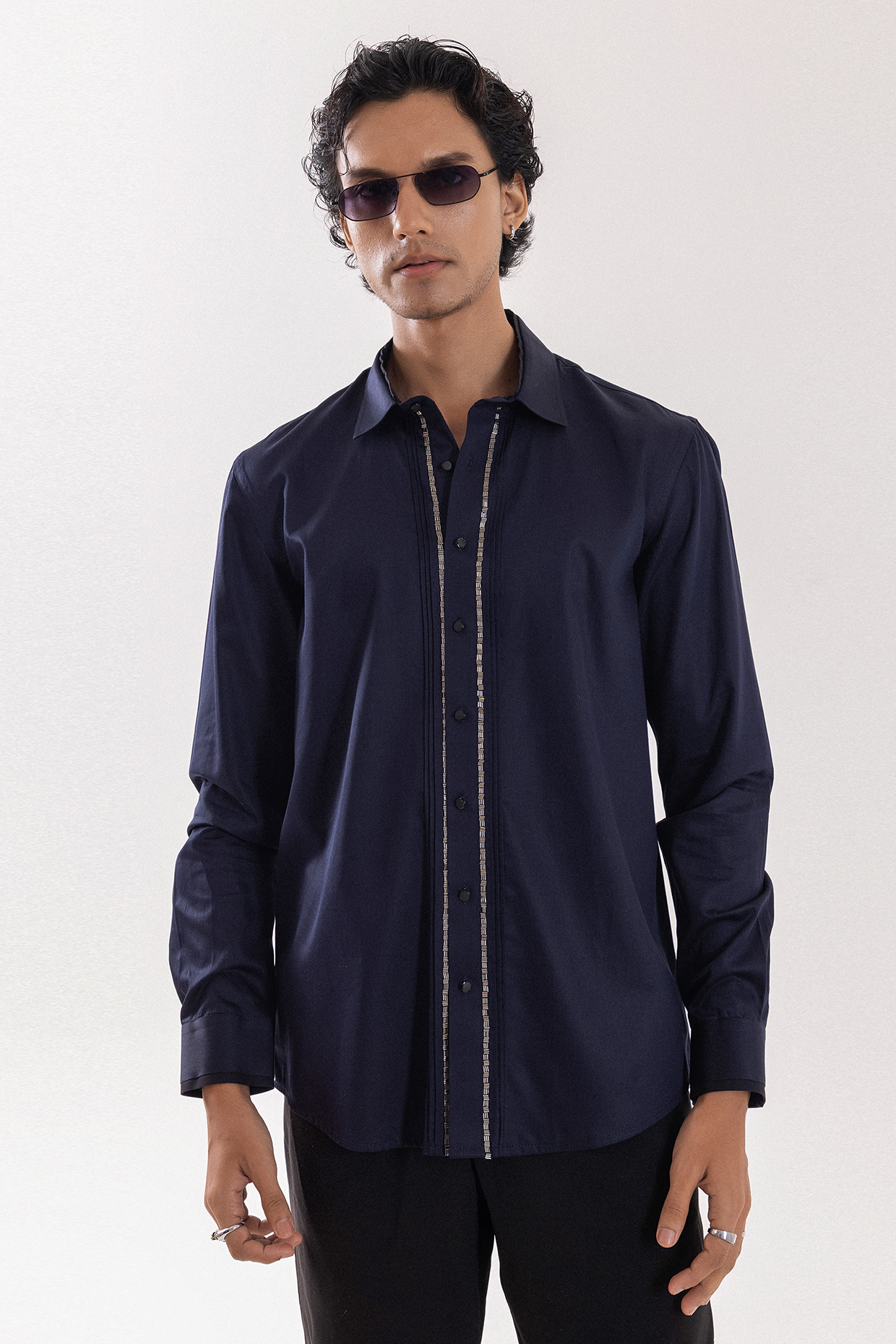 Navy Blue Giza Cotton Cutdana Embellished Shirt by PAARSH