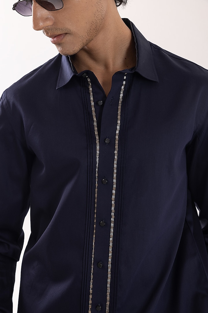 Navy Blue Giza Cotton Cutdana Embellished Party Wear Shirt by PAARSH at Pernia's Pop Up Shop