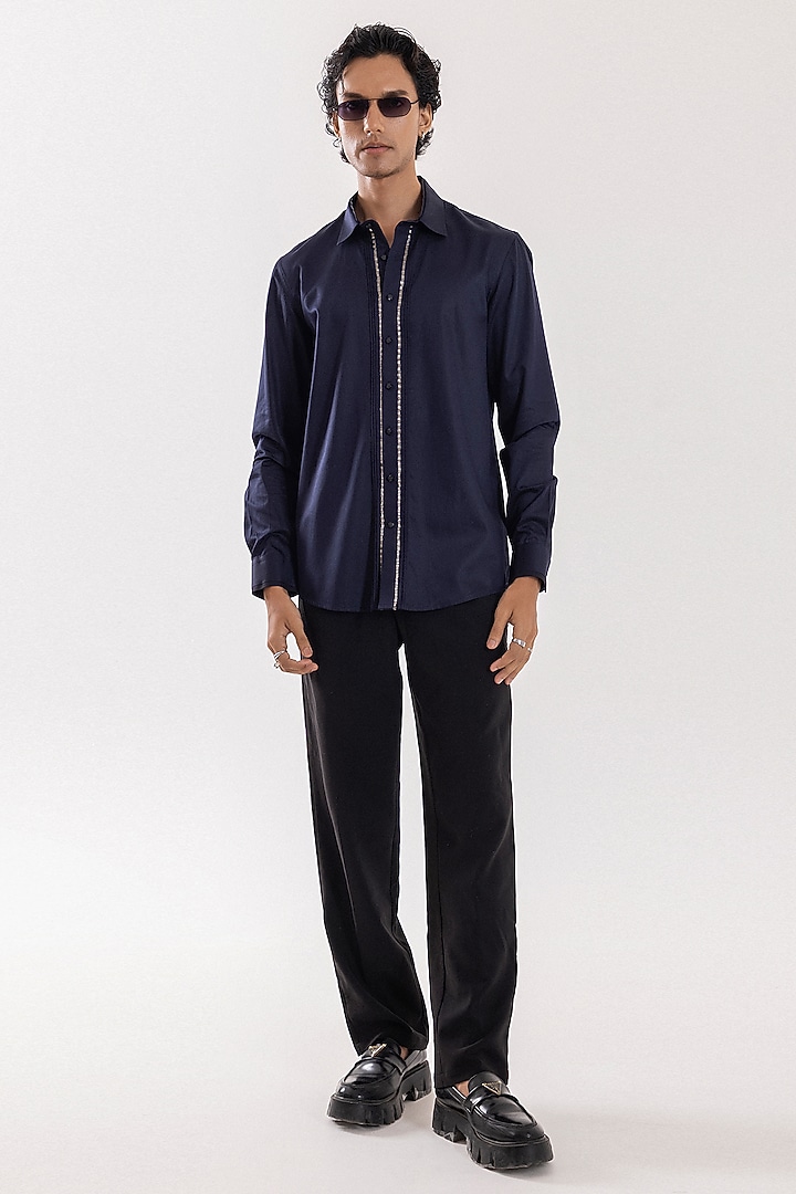 Navy Blue Giza Cotton Cutdana Embellished Party Wear Shirt by PAARSH at Pernia's Pop Up Shop