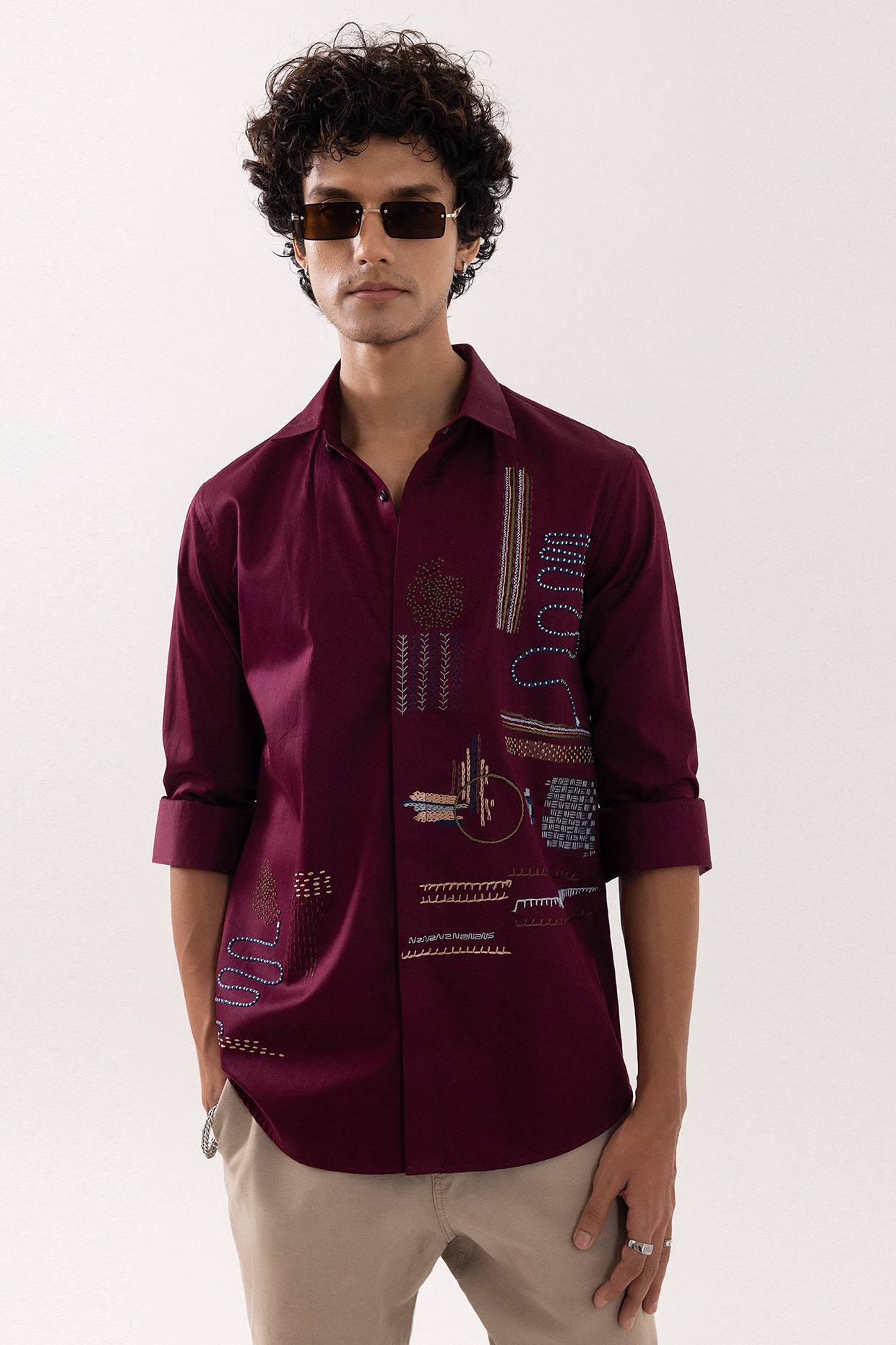 Red Wine Giza Cotton Hand Embroidered Shirt by PAARSH