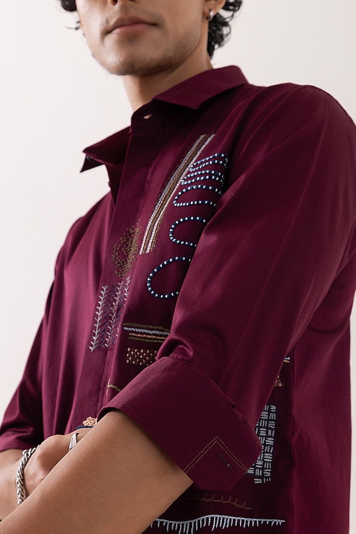 Red Wine Giza Cotton Hand Embroidered Party Wear Shirt by PAARSH at Pernia's Pop Up Shop