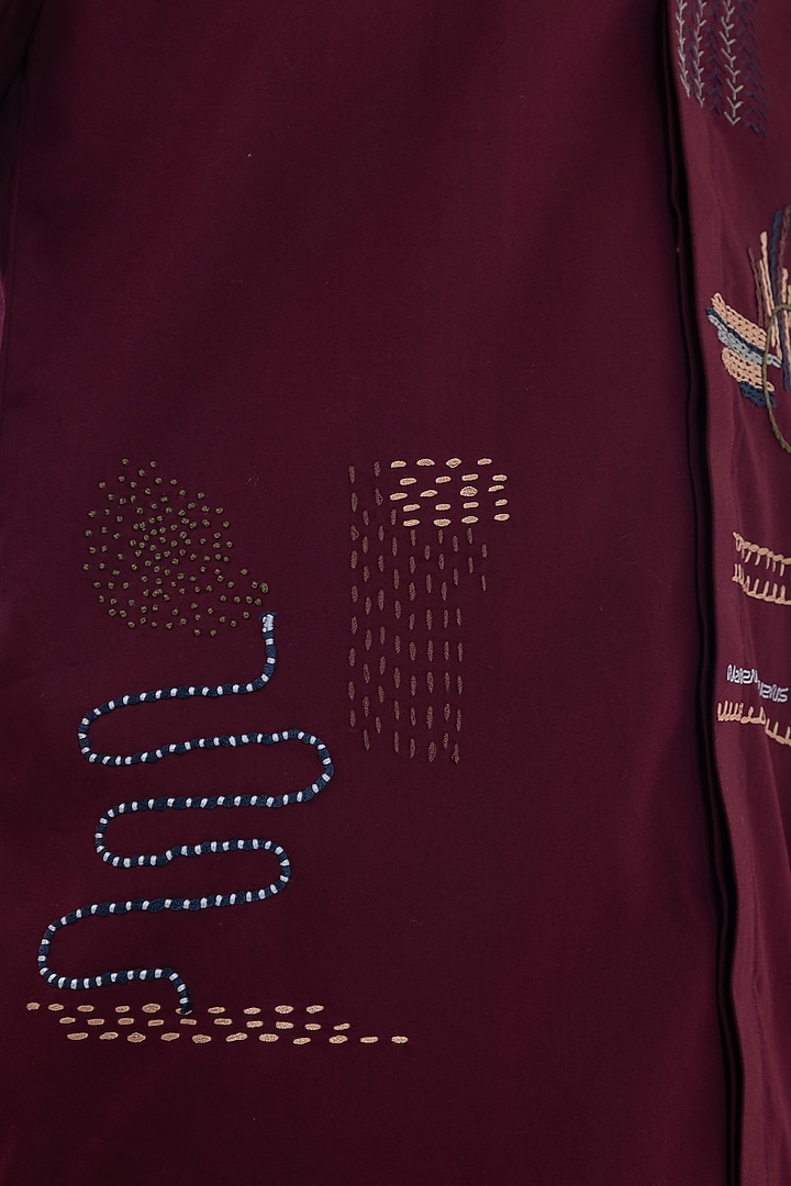 Red Wine Giza Cotton Hand Embroidered Party Wear Shirt by PAARSH at Pernia's Pop Up Shop