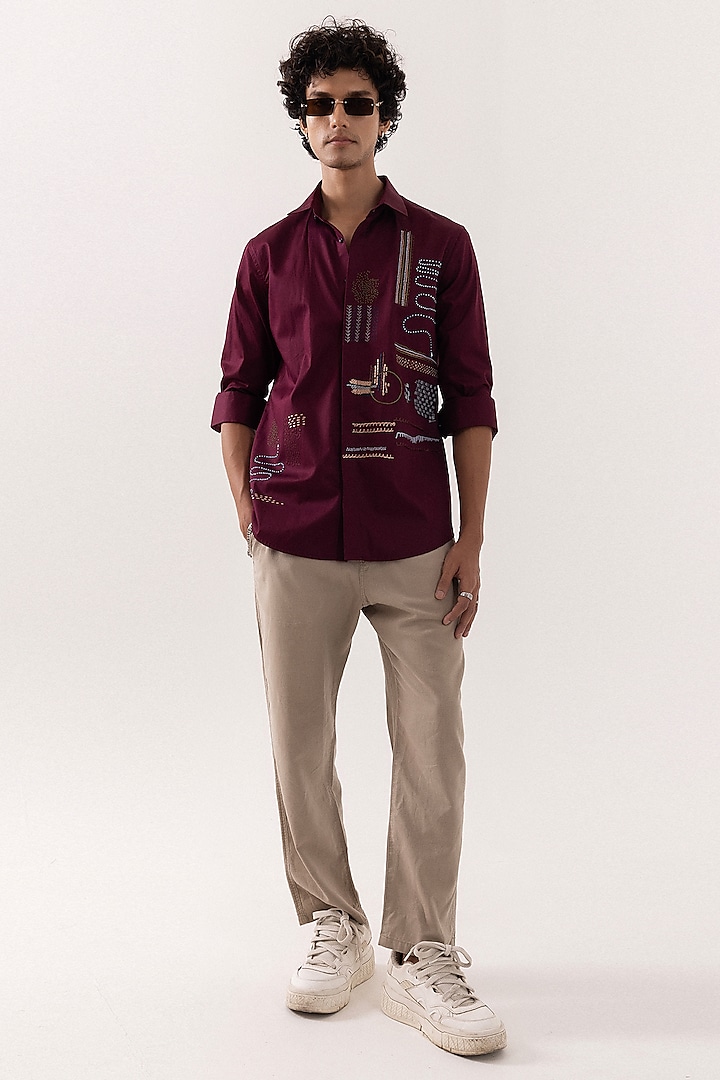 Red Wine Giza Cotton Hand Embroidered Party Wear Shirt by PAARSH at Pernia's Pop Up Shop