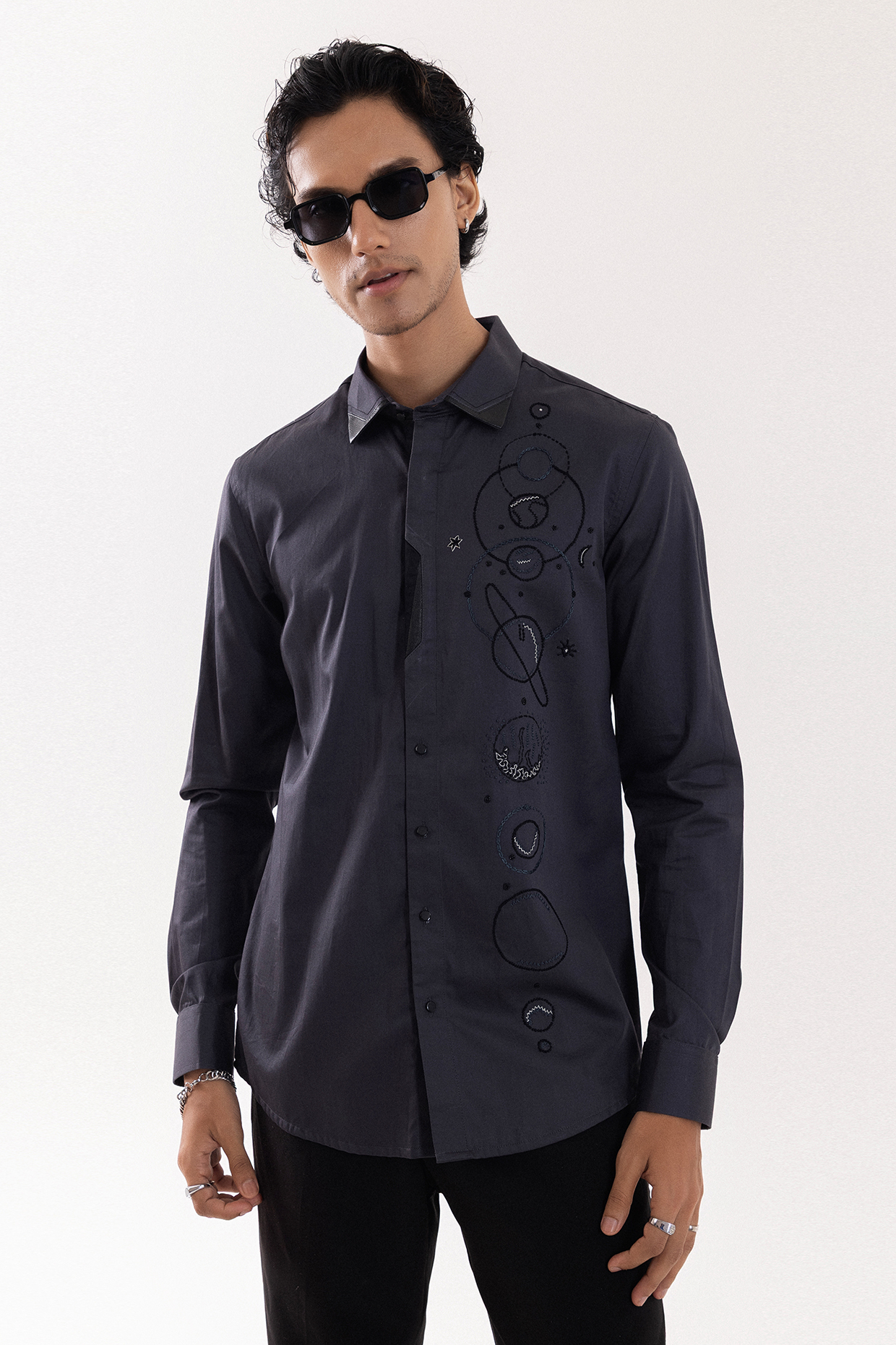 Charcoal Grey Giza Cotton Hand Embroidered Shirt by PAARSH