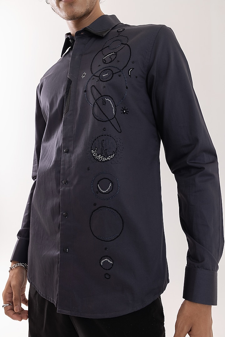 Charcoal Grey Giza Cotton Hand Embroidered Party Wear Shirt by PAARSH at Pernia's Pop Up Shop