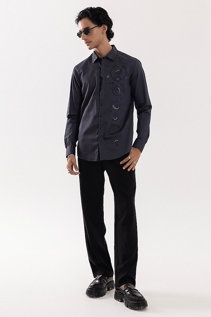 Charcoal Grey Giza Cotton Hand Embroidered Party Wear Shirt by PAARSH at Pernia's Pop Up Shop
