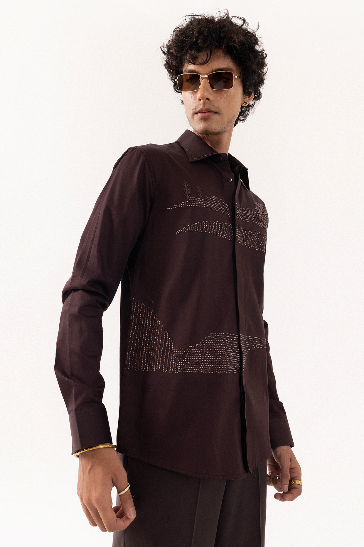Brown Giza Cotton 3D Hand Embroidered Shirt by PAARSH