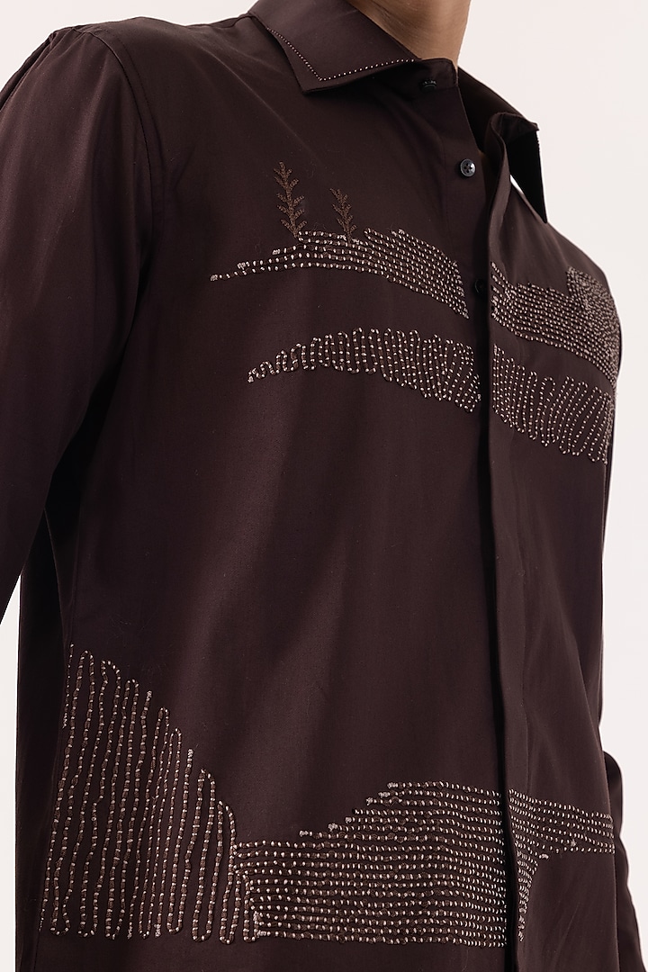 Brown Giza Cotton 3D Hand Embroidered Party Wear Shirt by PAARSH at Pernia's Pop Up Shop