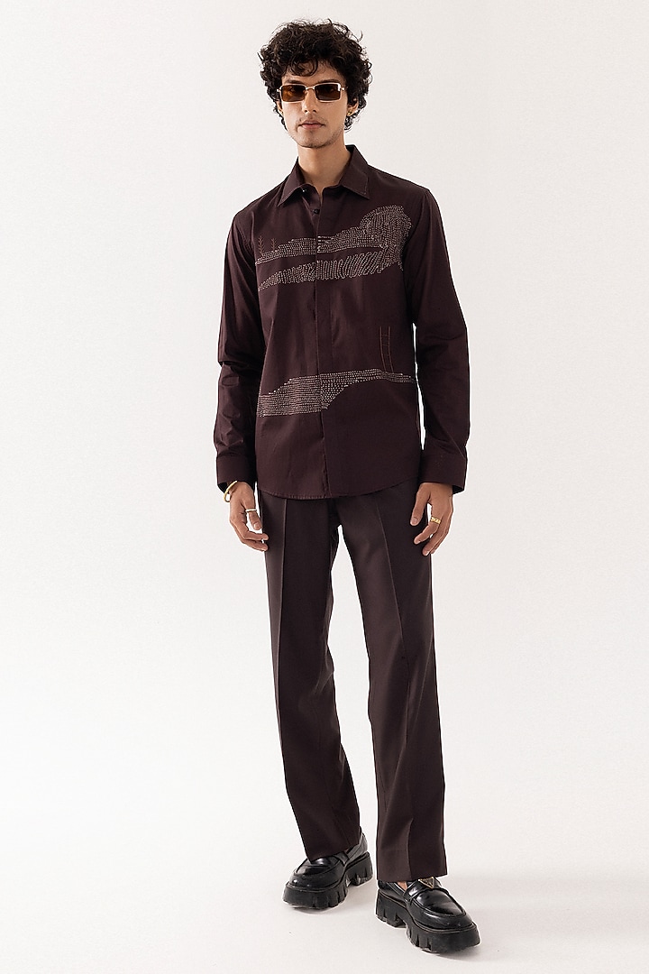 Brown Giza Cotton 3D Hand Embroidered Party Wear Shirt by PAARSH at Pernia's Pop Up Shop