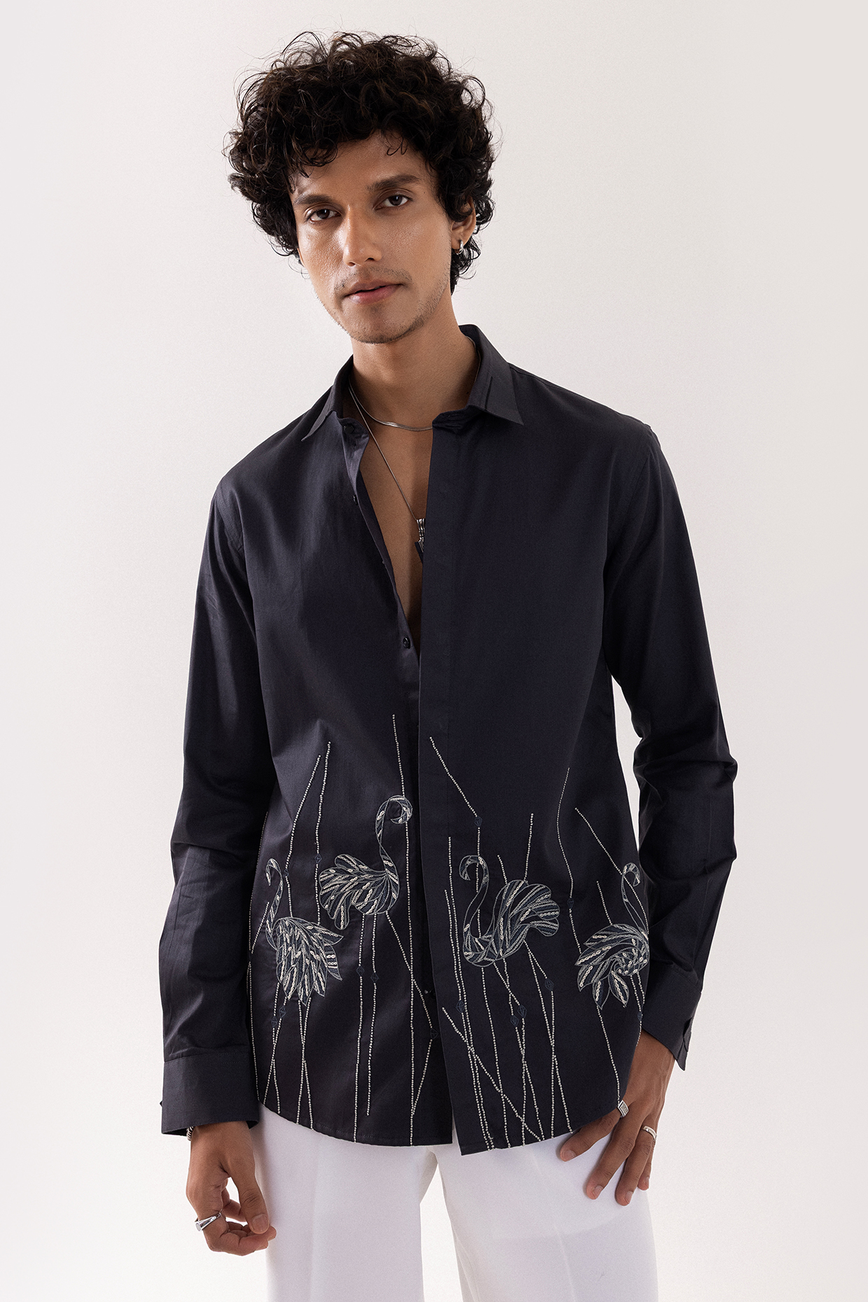 Charcoal Grey Giza Cotton Motif Embroidered Shirt by PAARSH