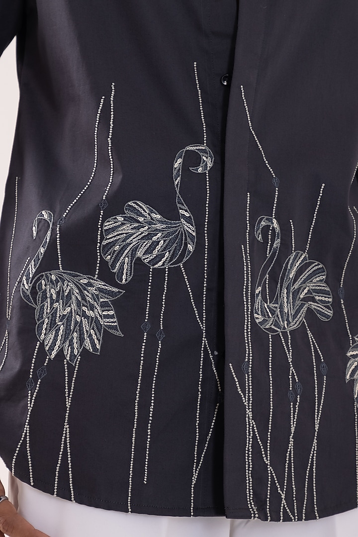 Charcoal Grey Giza Cotton Motif Embroidered Party Wear Shirt by PAARSH at Pernia's Pop Up Shop