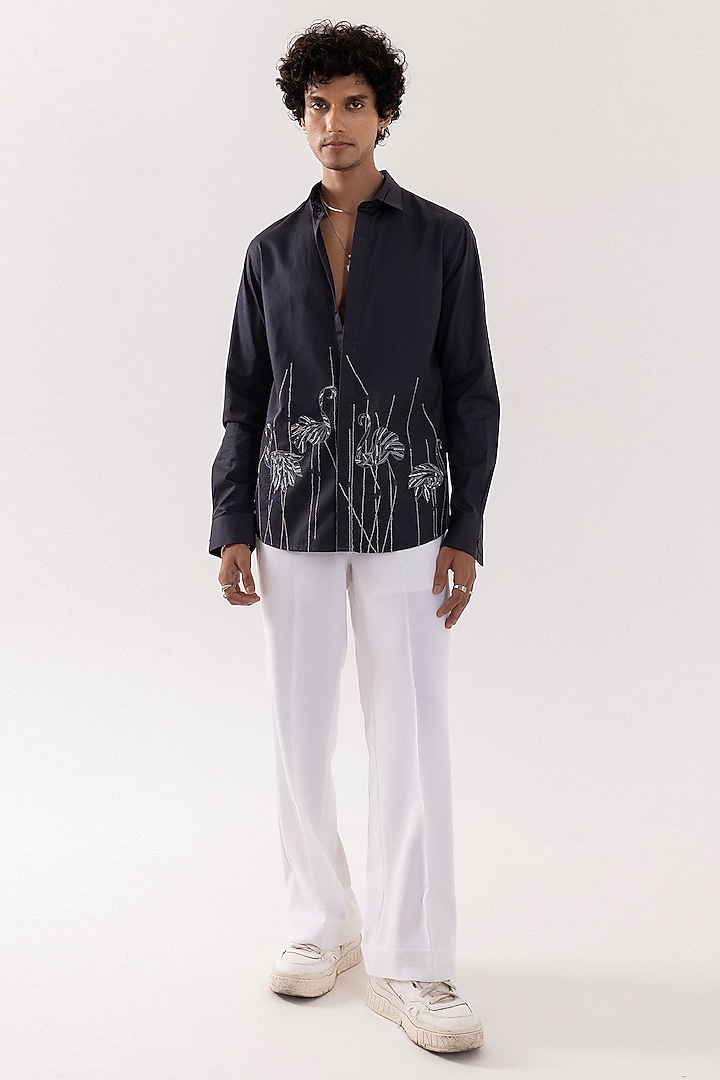 Charcoal Grey Giza Cotton Motif Embroidered Party Wear Shirt by PAARSH at Pernia's Pop Up Shop
