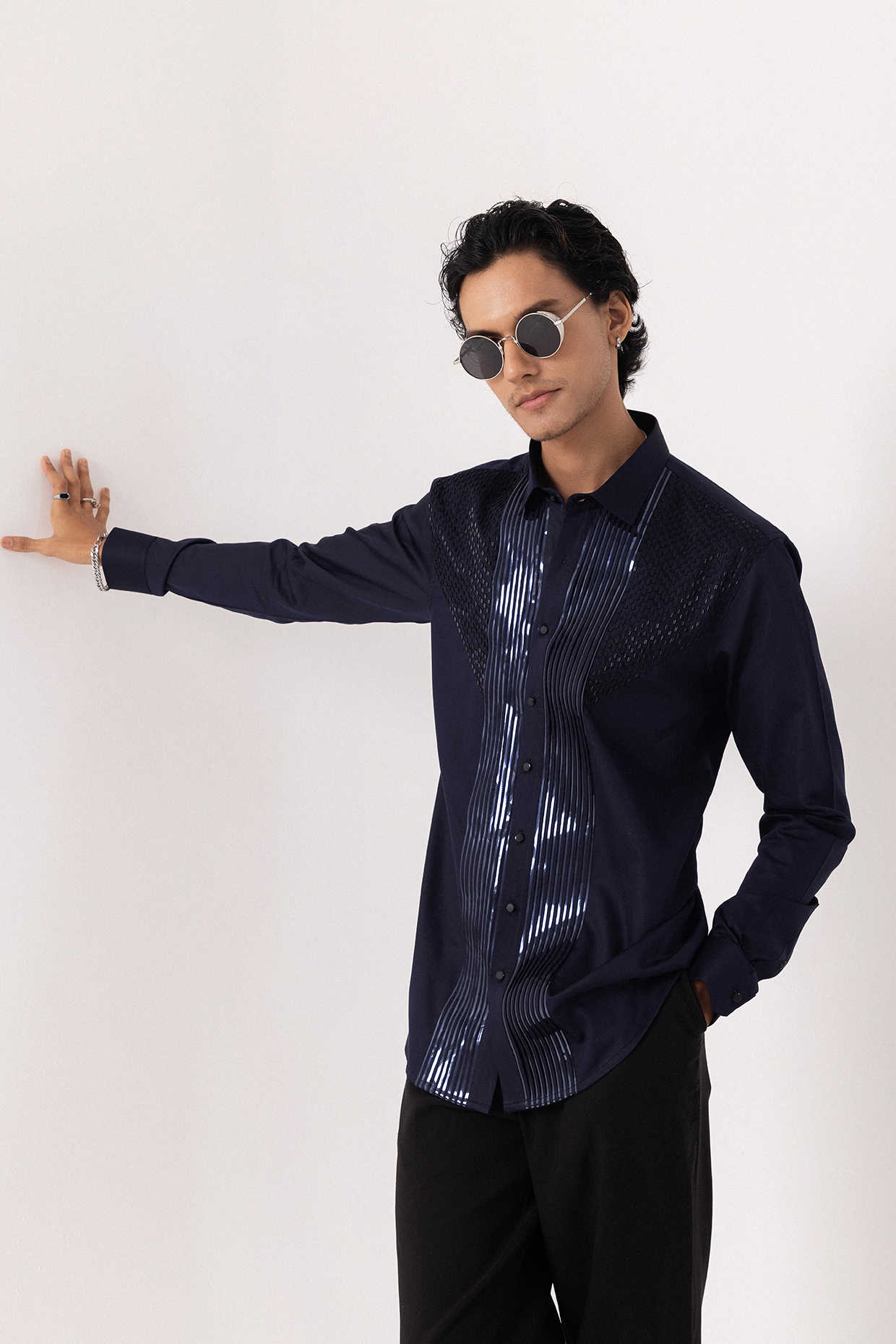 Dark Navy Giza Cotton Cutdana Embroidered Shirt by PAARSH