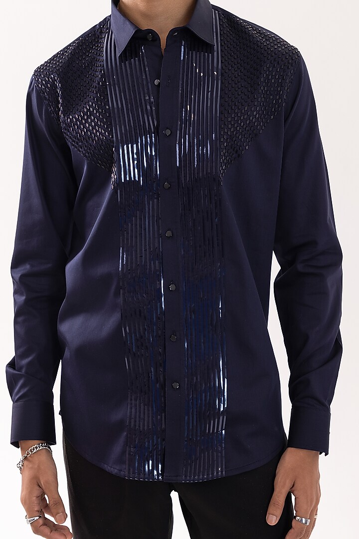 Dark Navy Giza Cotton Cutdana Embroidered Party Wear Shirt by PAARSH at Pernia's Pop Up Shop
