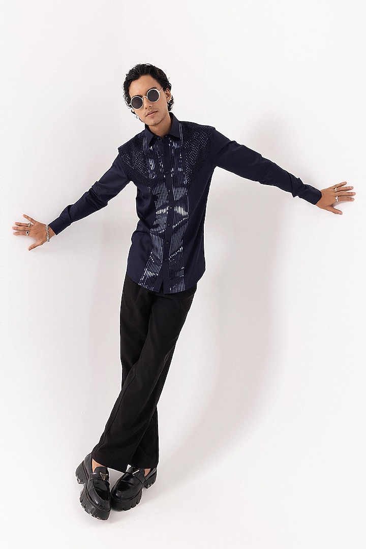 Dark Navy Giza Cotton Cutdana Embroidered Party Wear Shirt by PAARSH at Pernia's Pop Up Shop