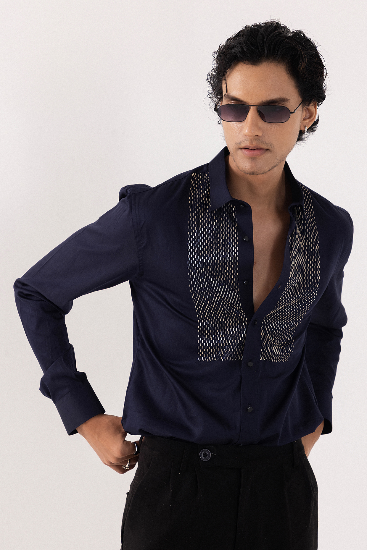 Dark Navy Giza Cotton Cutdana Embroidered Shirt by PAARSH